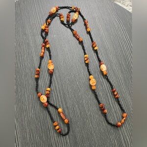 Faux Amber and Black Beaded Long Necklace